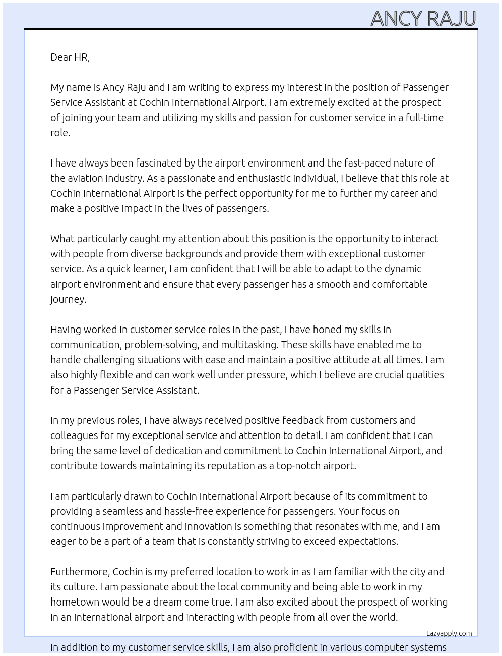 Passenger Service Assistant At Cochin International Airport Cover Letter