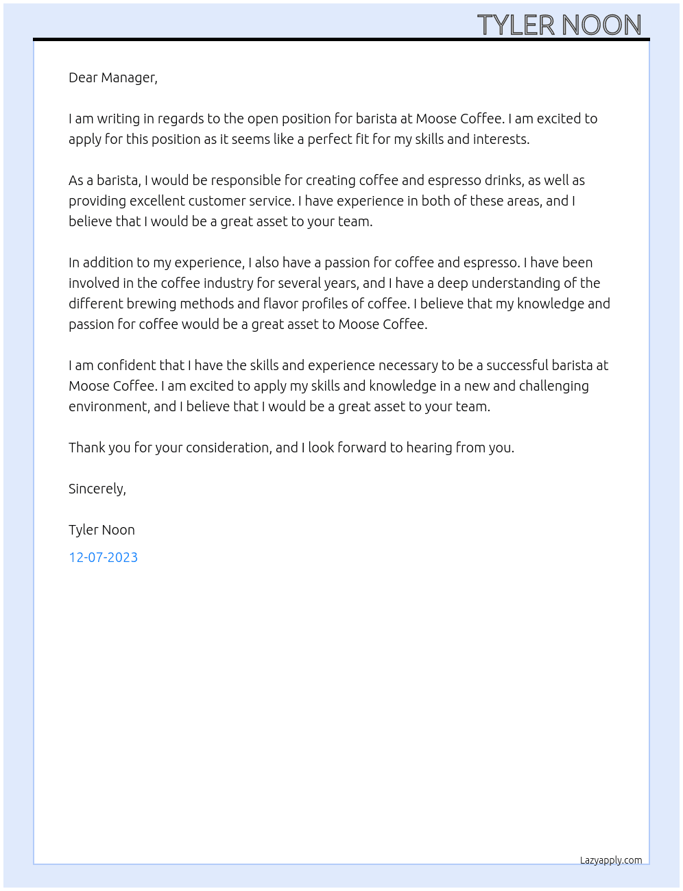 Barista  At Moose Coffee Cover Letter