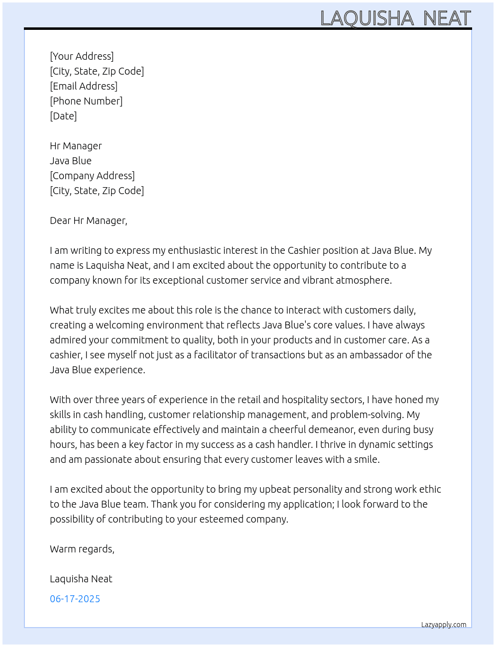 Cashier  At Java Blue Cover Letter