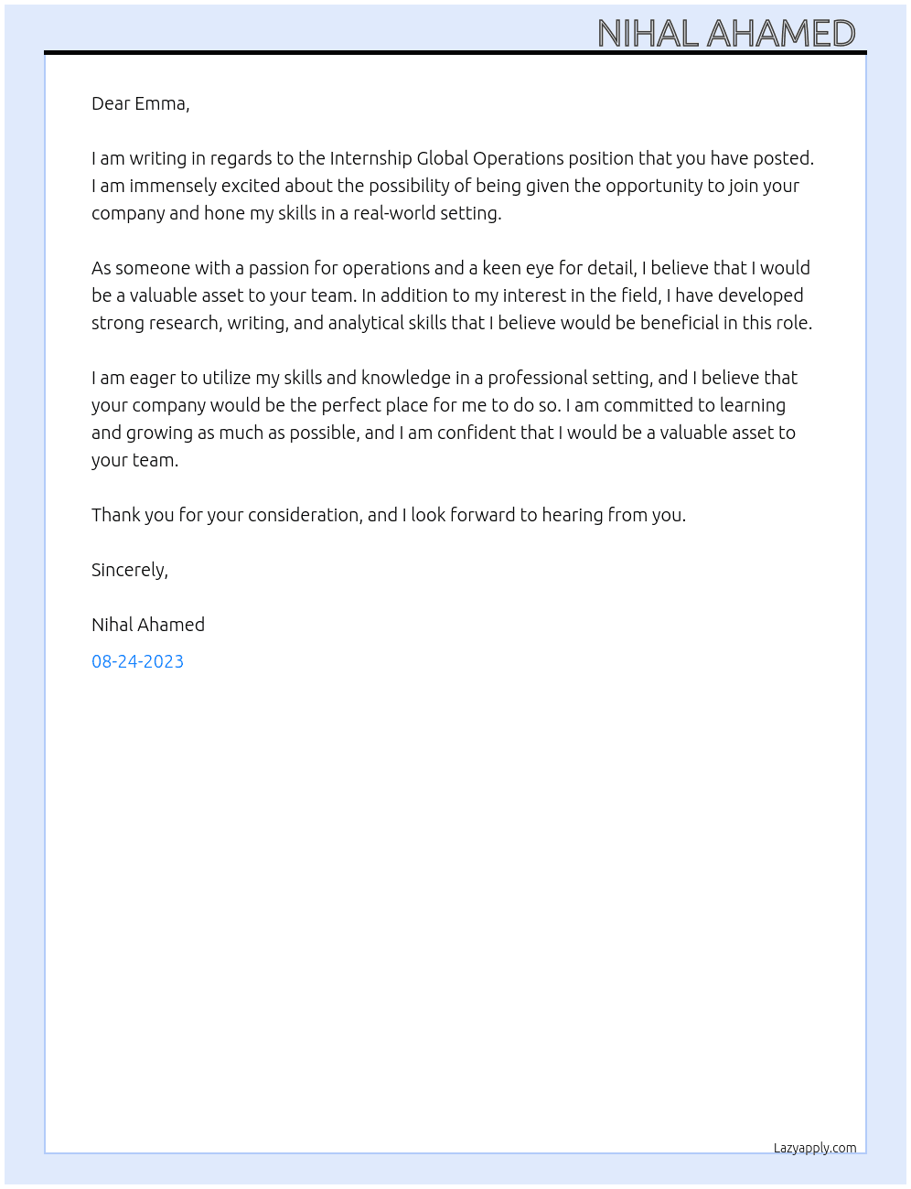 Internship Global Operations At Emma Cover Letter