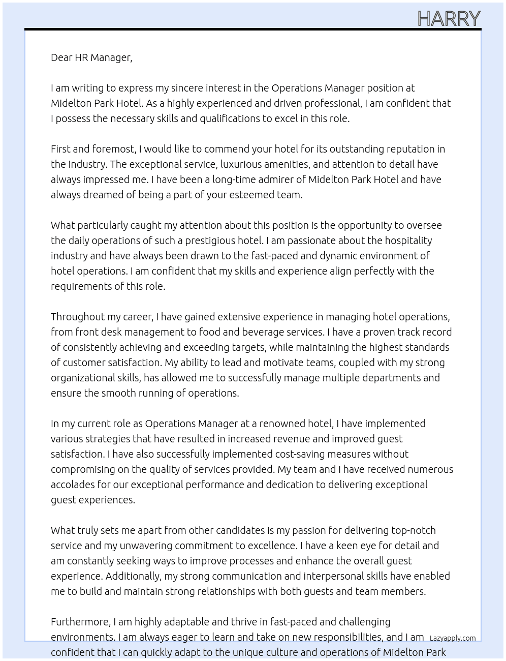 Operations manager At Midelton Park Hotel Cover Letter