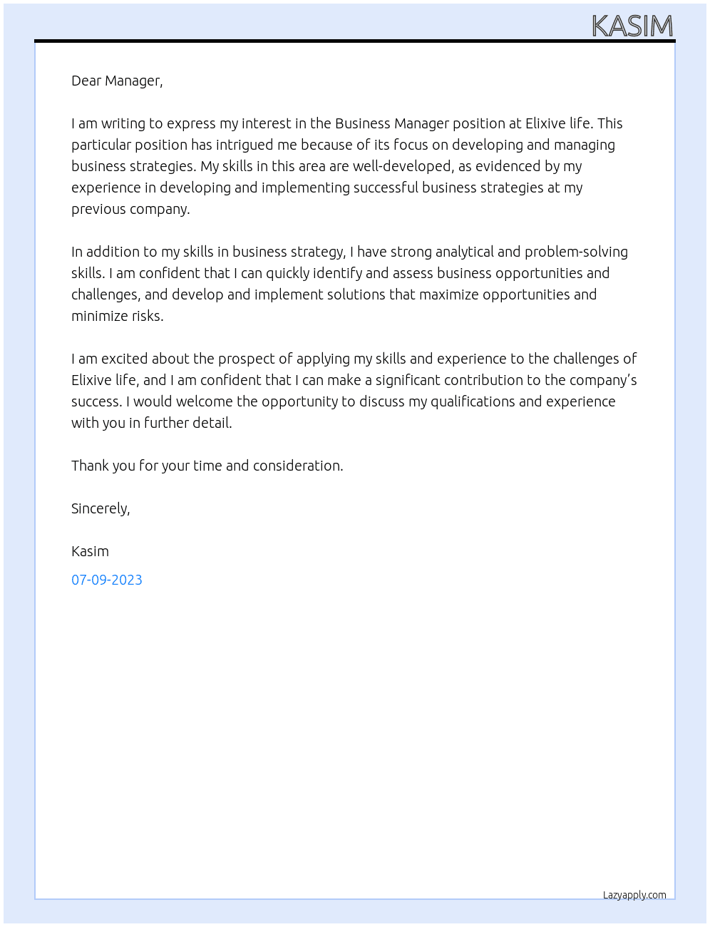 Business manager At Elixive life  Cover Letter