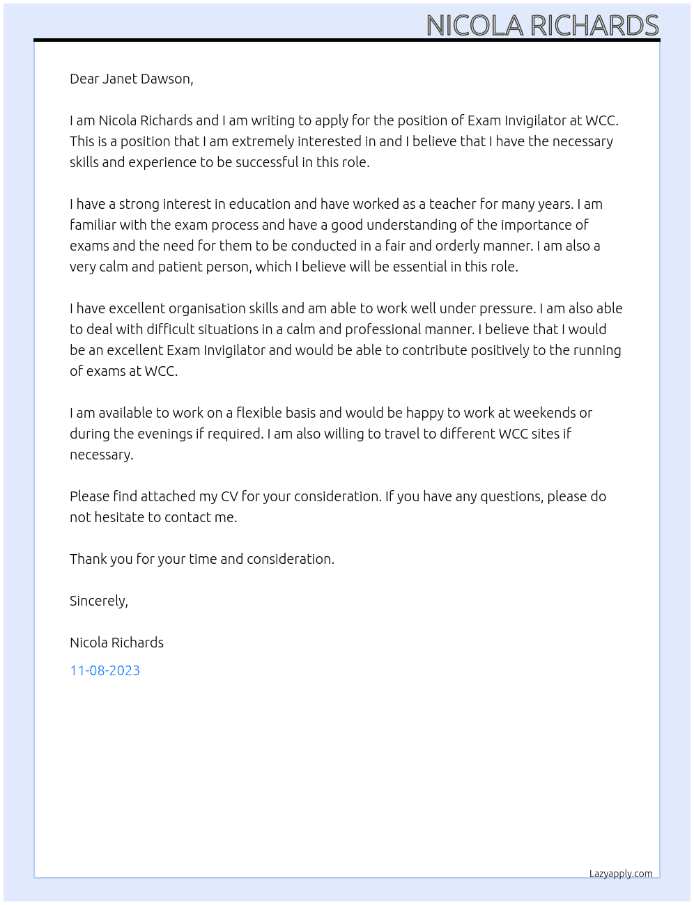 Exam Invigilator At WCC Cover Letter