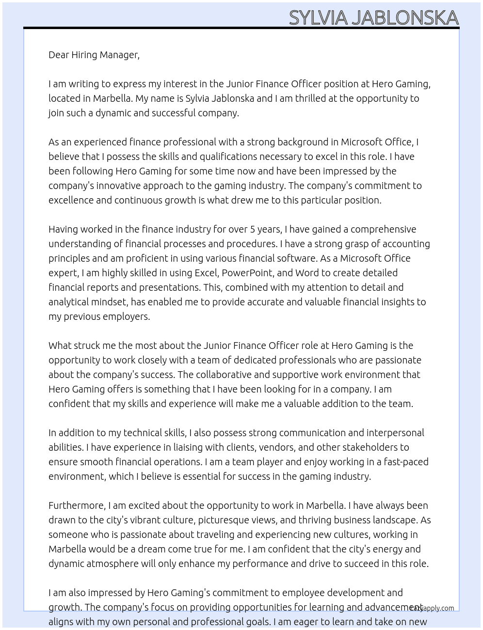 Junior Finance Officer At Hero Gaming Cover Letter