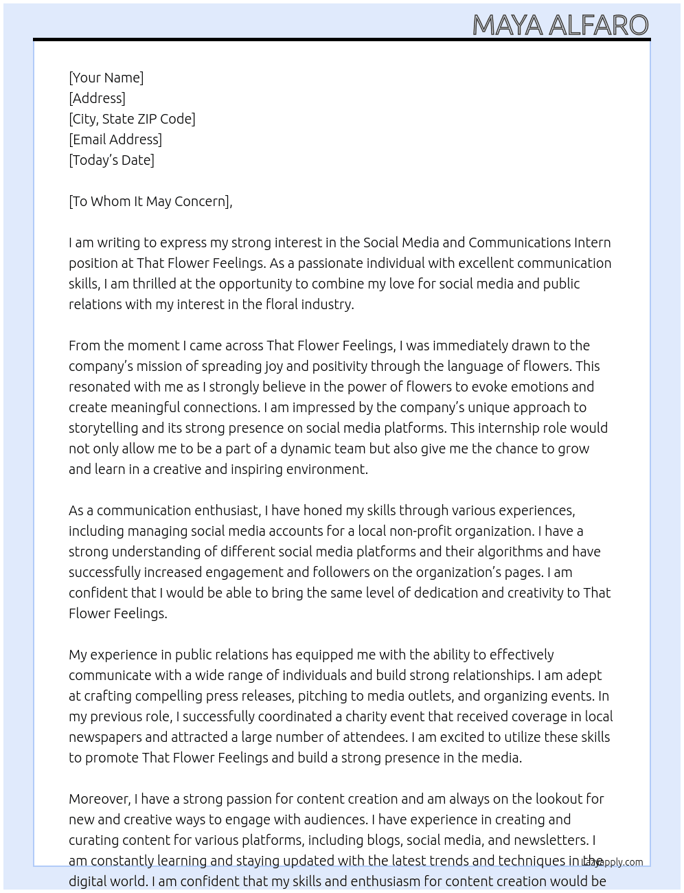 Social Media and Communications Intern At That Flower Feelings Cover Letter