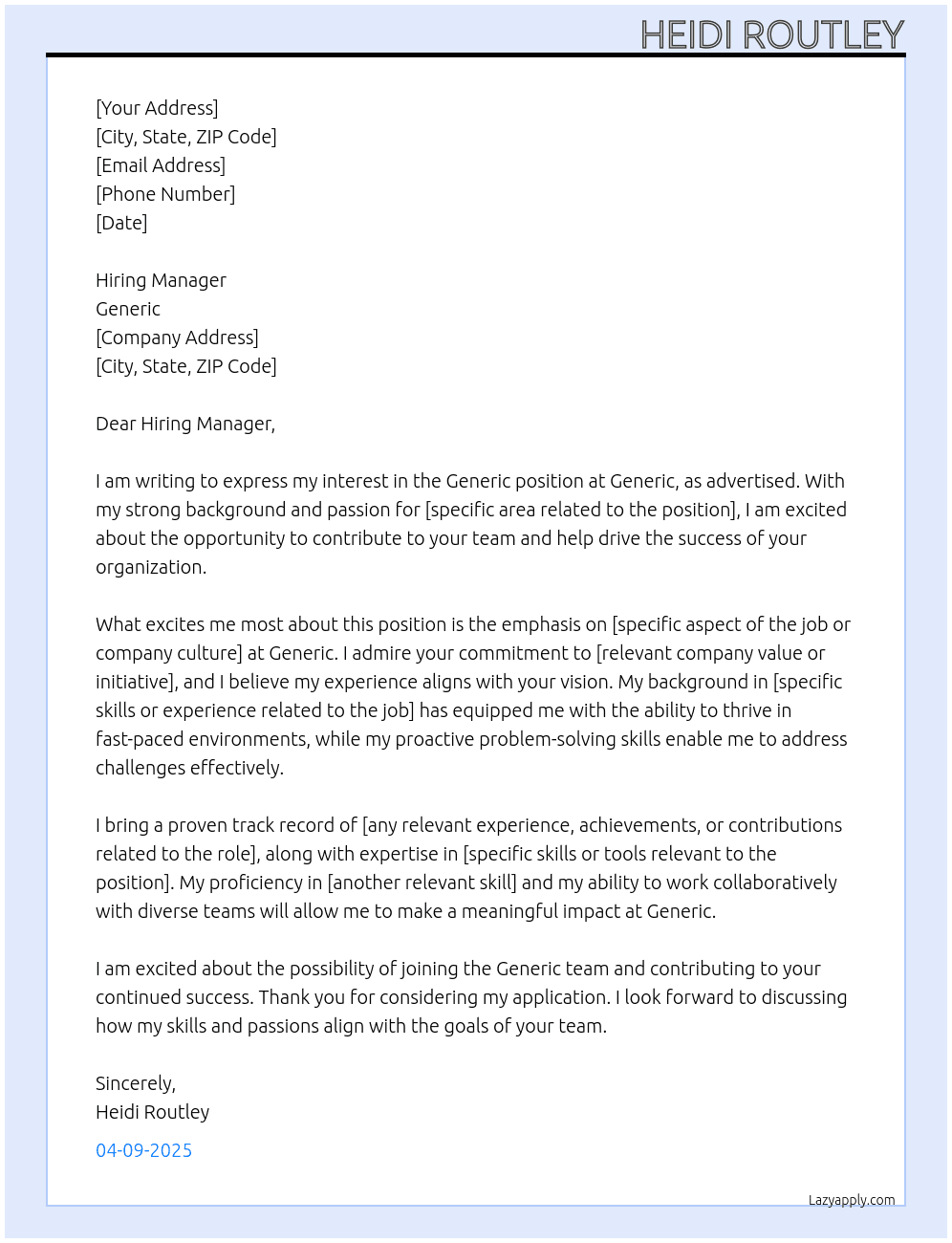 generic At generic Cover Letter