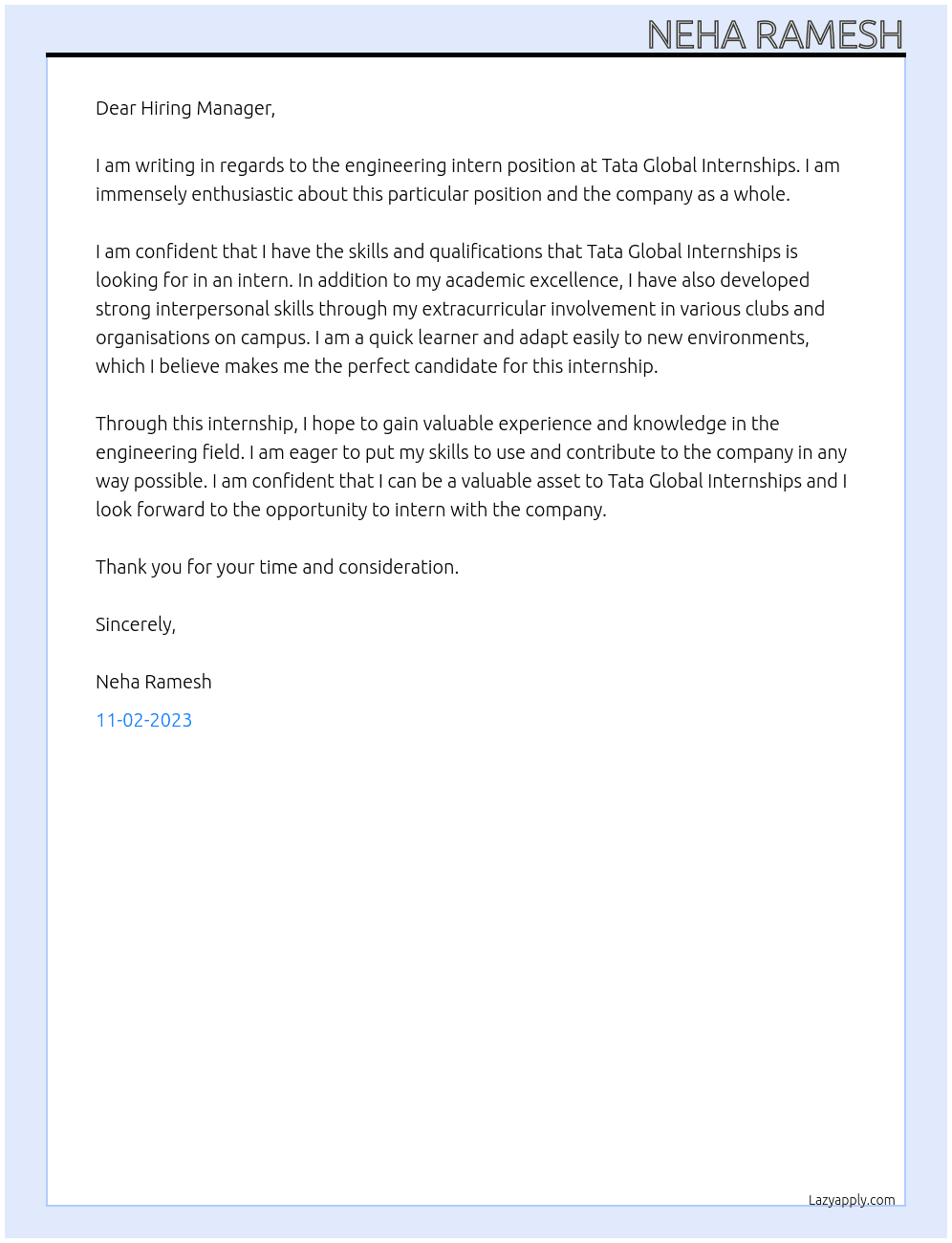 Engineering intern At Tata global internships Cover Letter