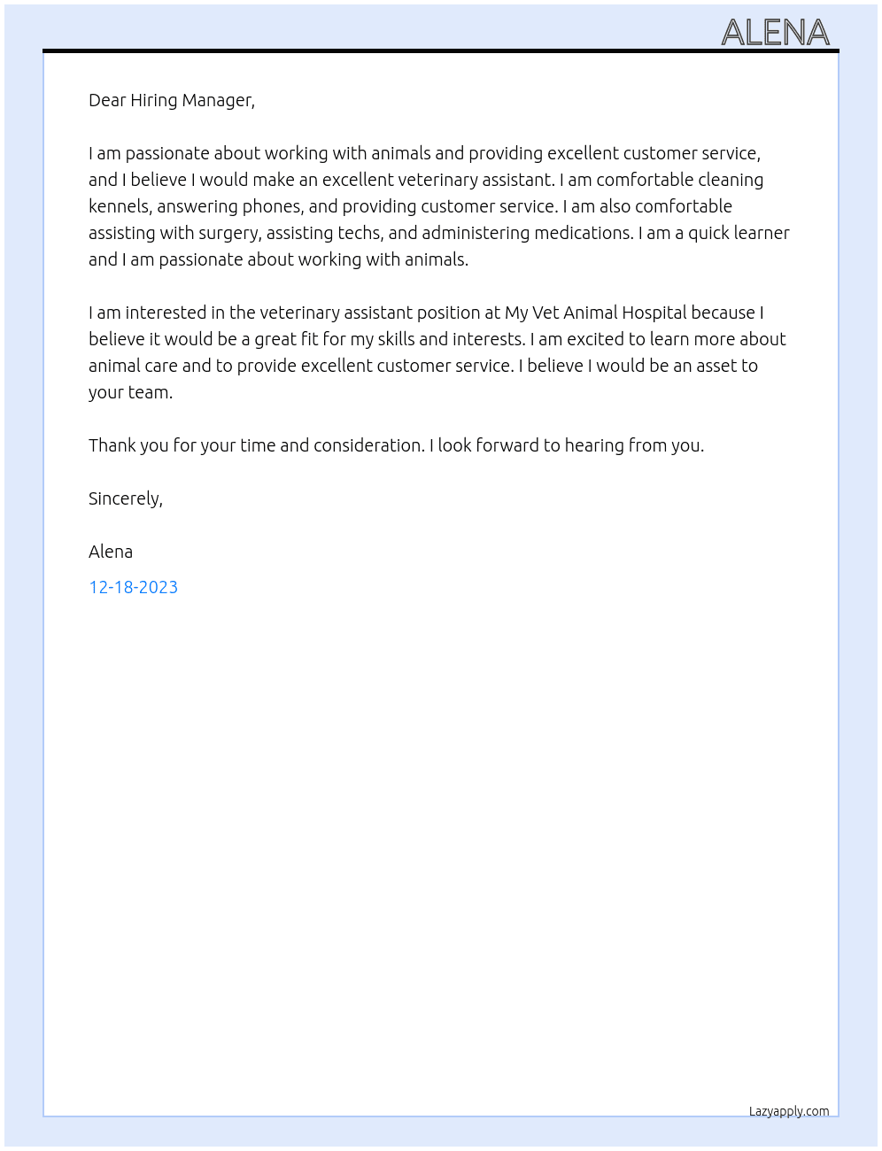 Veterinary assistant  At My vet animal hospital Cover Letter