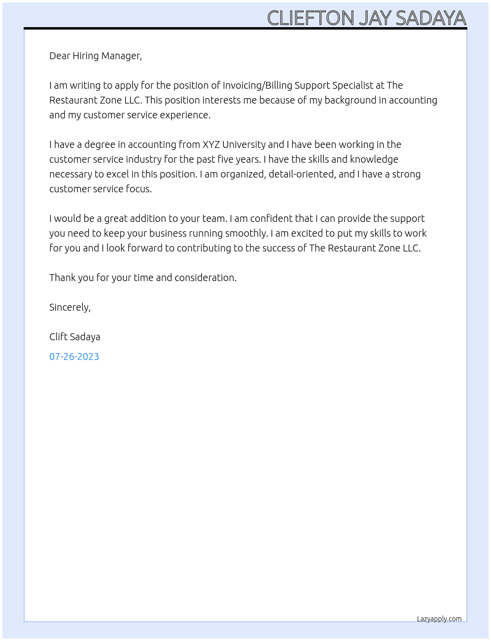 Invoicing/Billing Support Specialist At The Restaurant Zone LLC Cover Letter