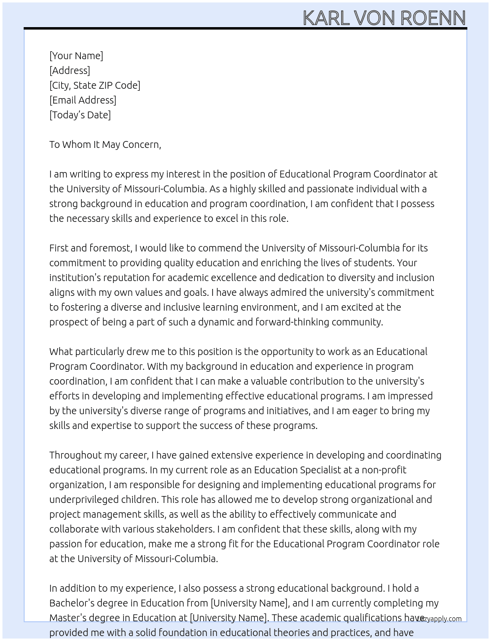 Educational Program Coordinator At University of Missouri-Columbia Cover Letter