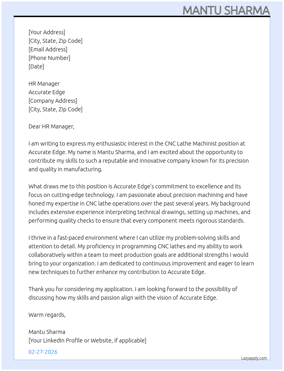 Cnc Lath Machinist  At Accurate edge  Cover Letter