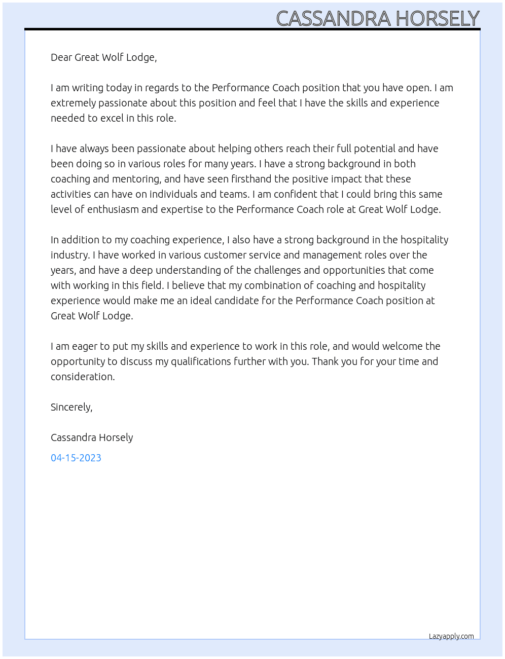  Performance Coach At Great Wolf Lodge Cover Letter