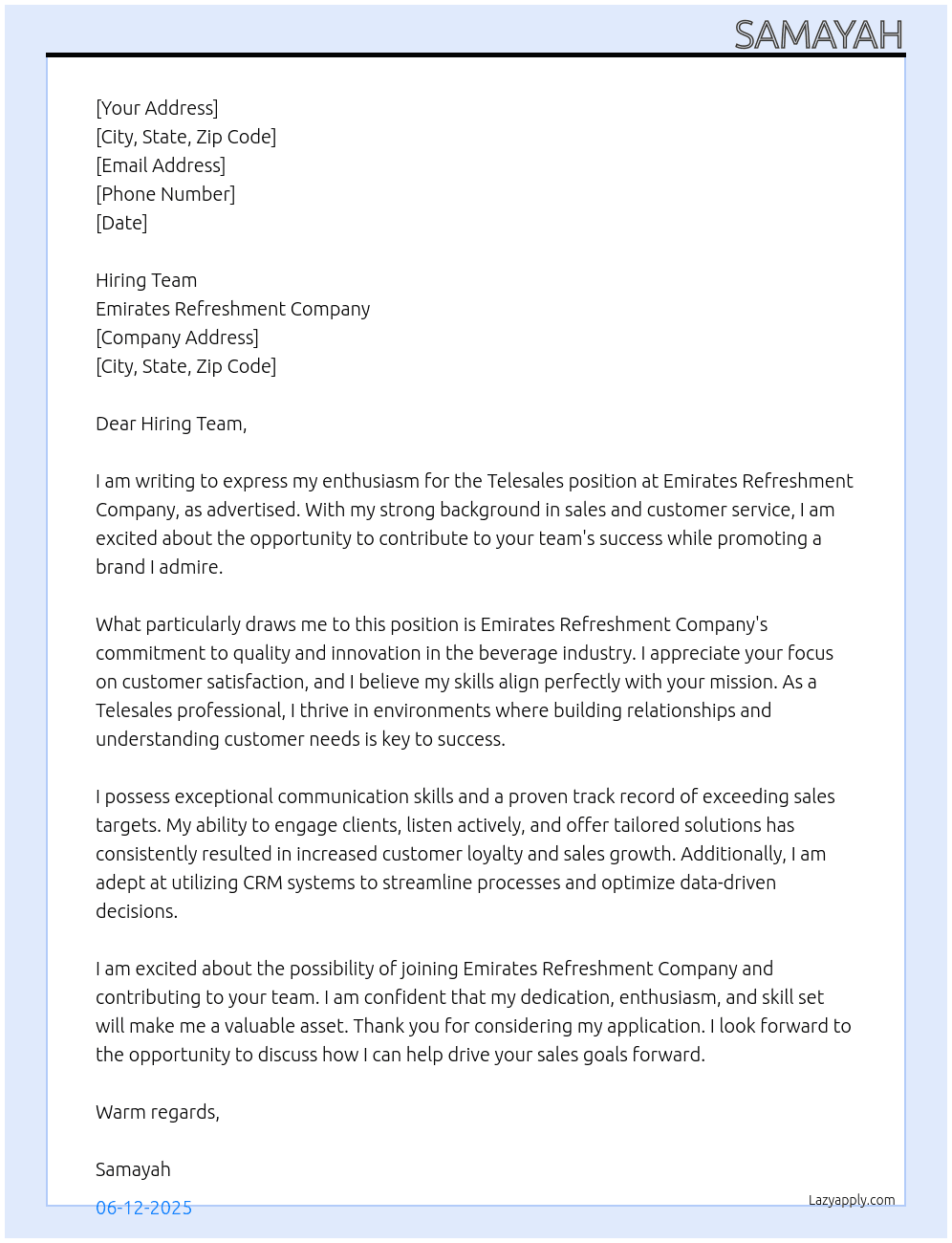 Telesales  At Emirates refreshment company Cover Letter