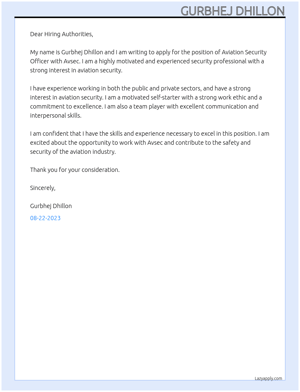 Aviation security officer At Avsec Cover Letter