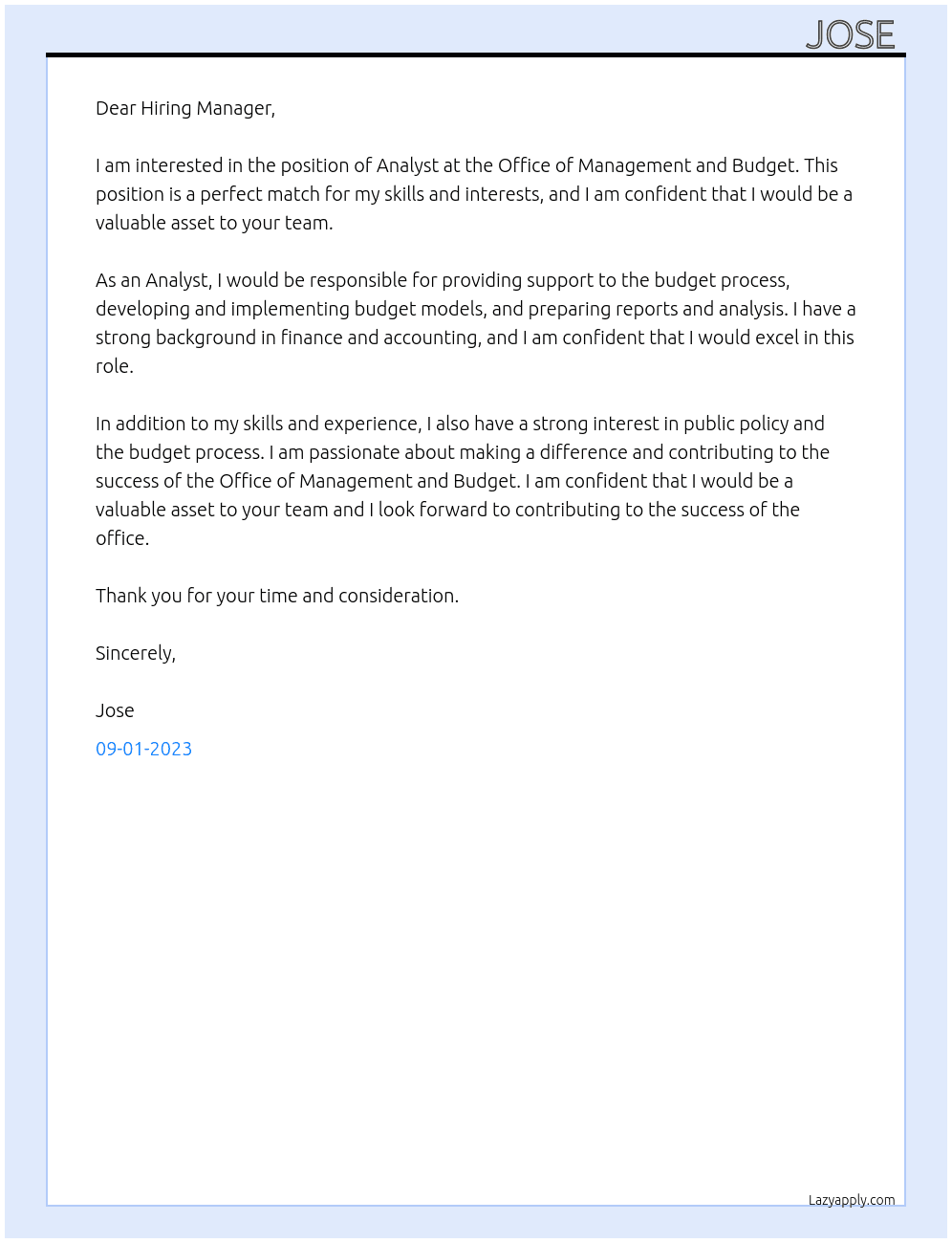 Analysts  At Office of Management and Budget  Cover Letter
