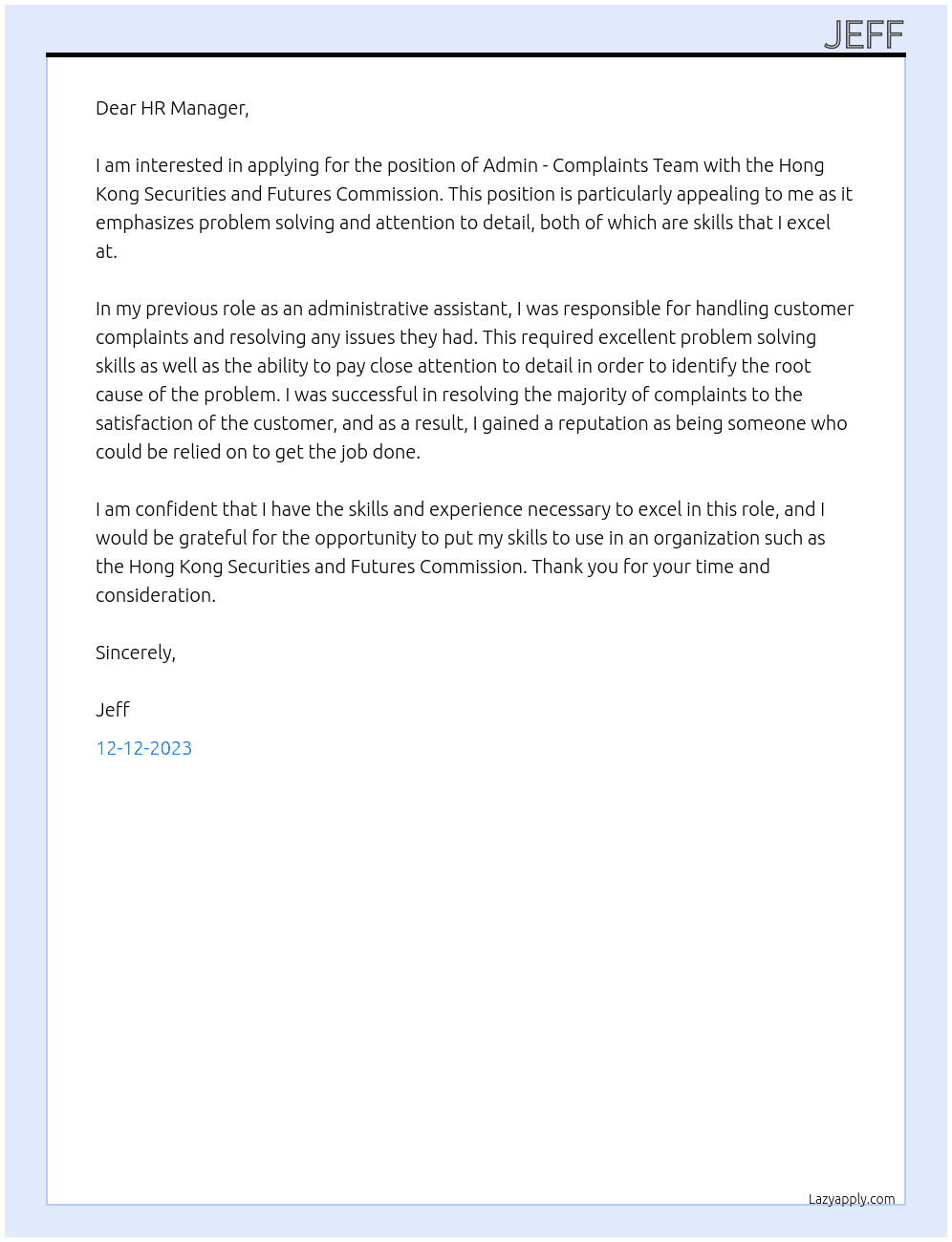 admin - complaints team  At Hong Kong Securities and Futures Commission Cover Letter