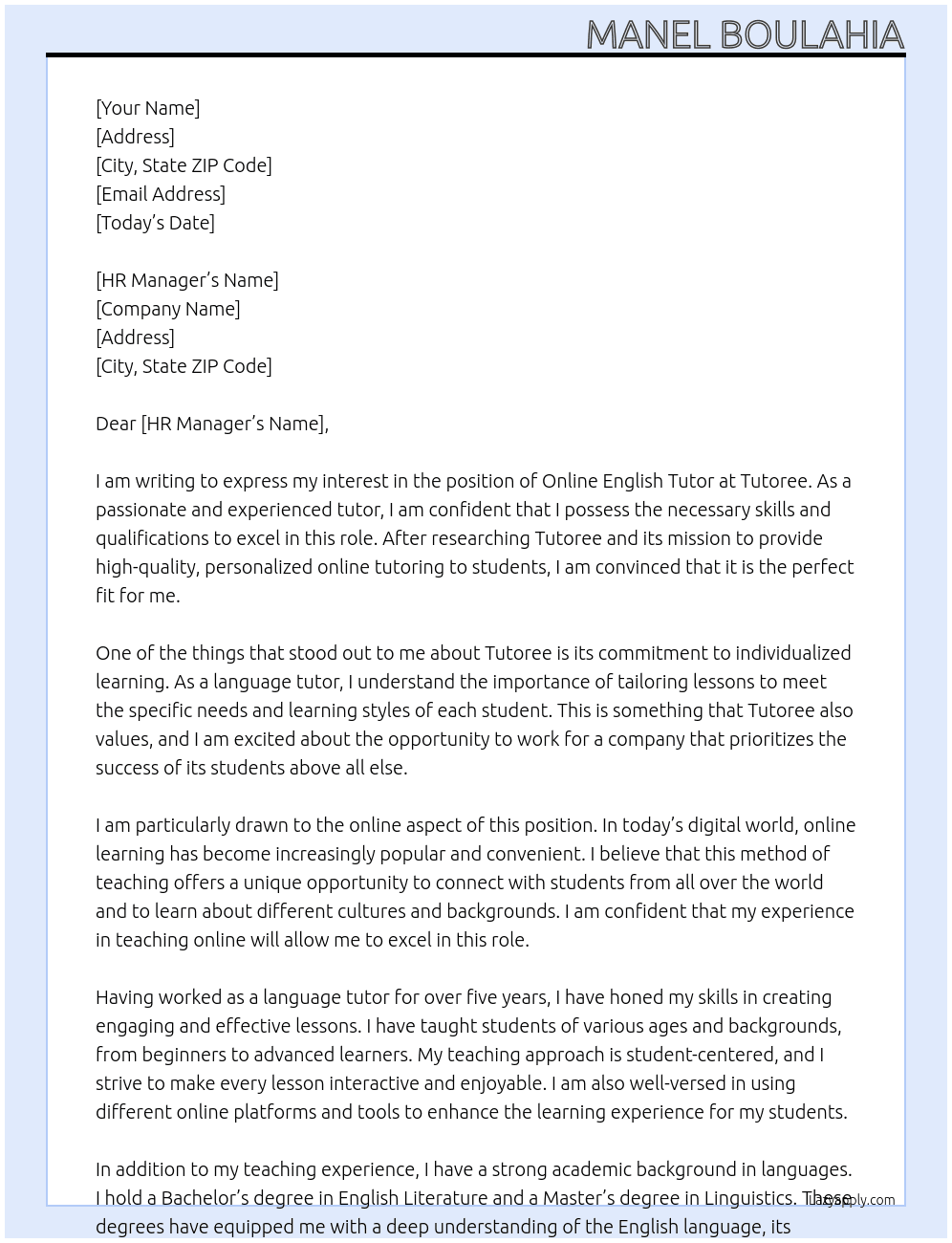online english tutor At Tutoree Cover Letter