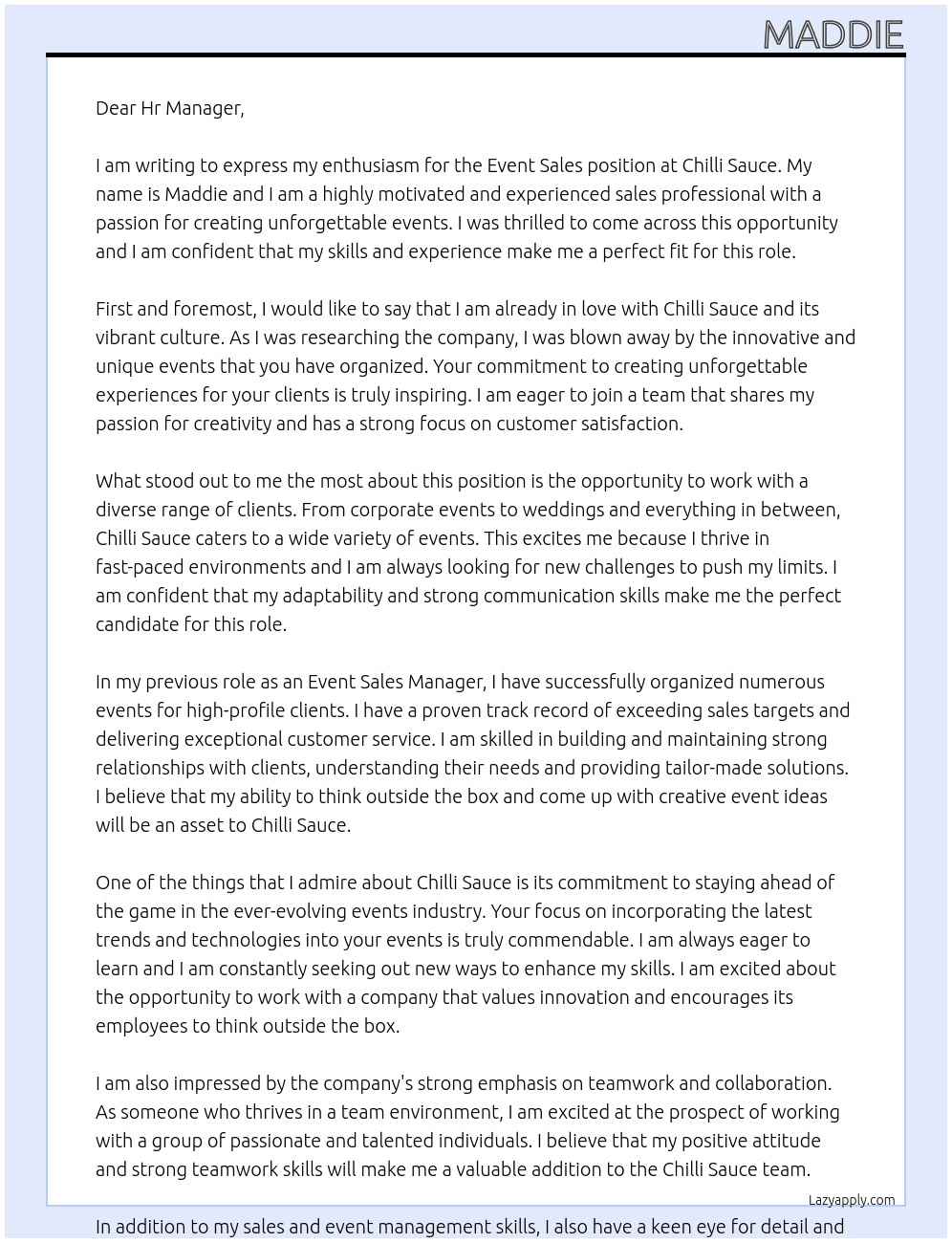 event sales At Chilli Sauce Cover Letter