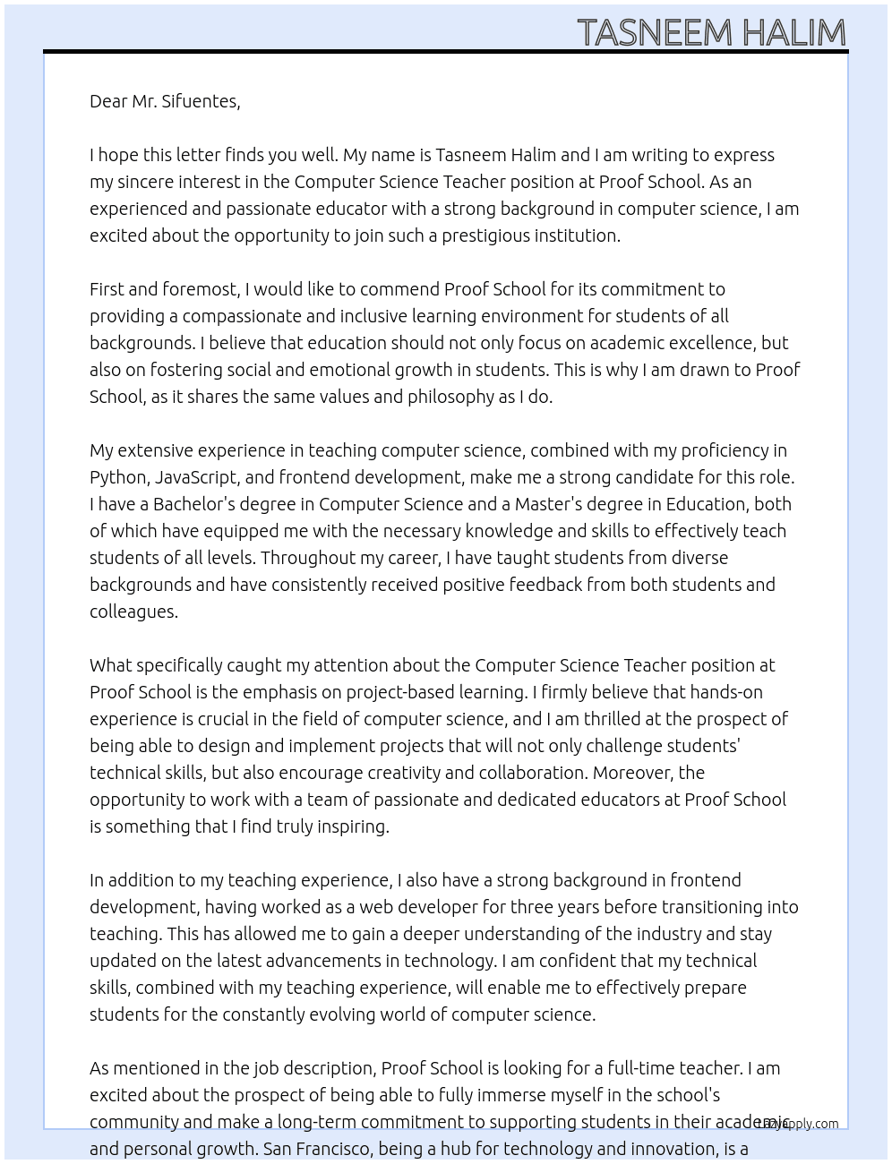 Computer Science Teacher At Proof School Cover Letter
