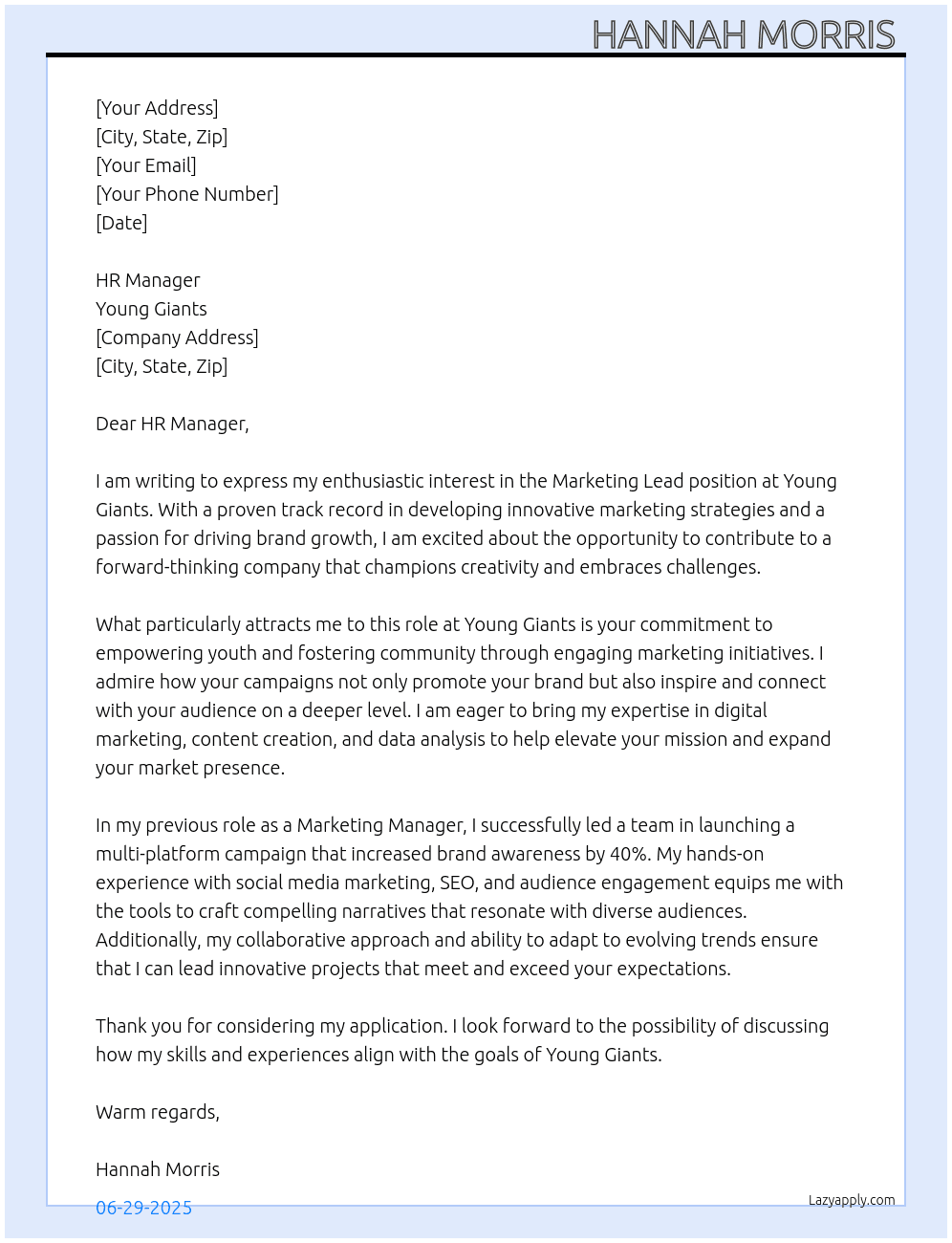 Marketing lead At Young Giants  Cover Letter