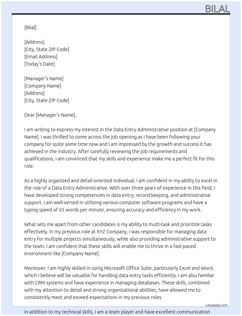 Data entry Adminstrative At Bilal Cover Letter