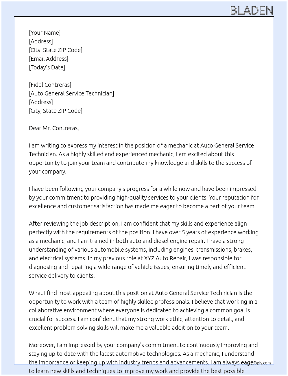mechanic At Auto General Service Technician Cover Letter