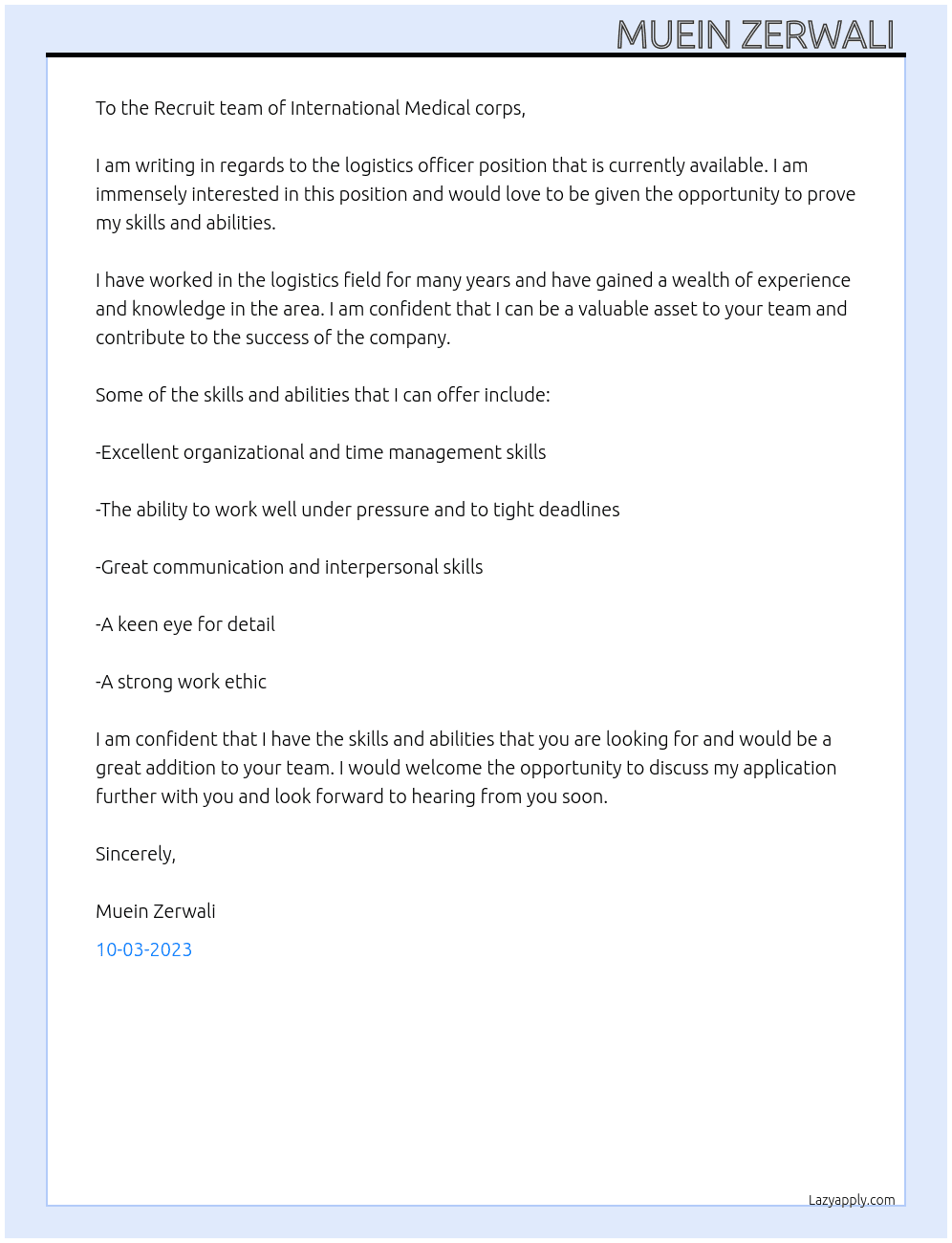 Logistics officer  At İnternational Medical corps  Cover Letter