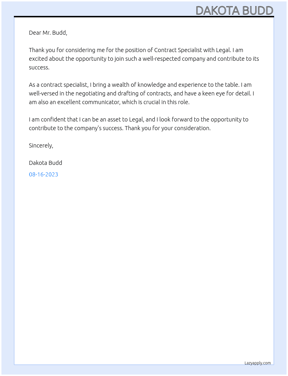 Contract specialist At legal Cover Letter