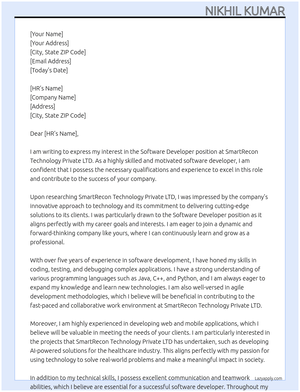 Software Developer At SmartRecon Technology Private LTD Cover Letter