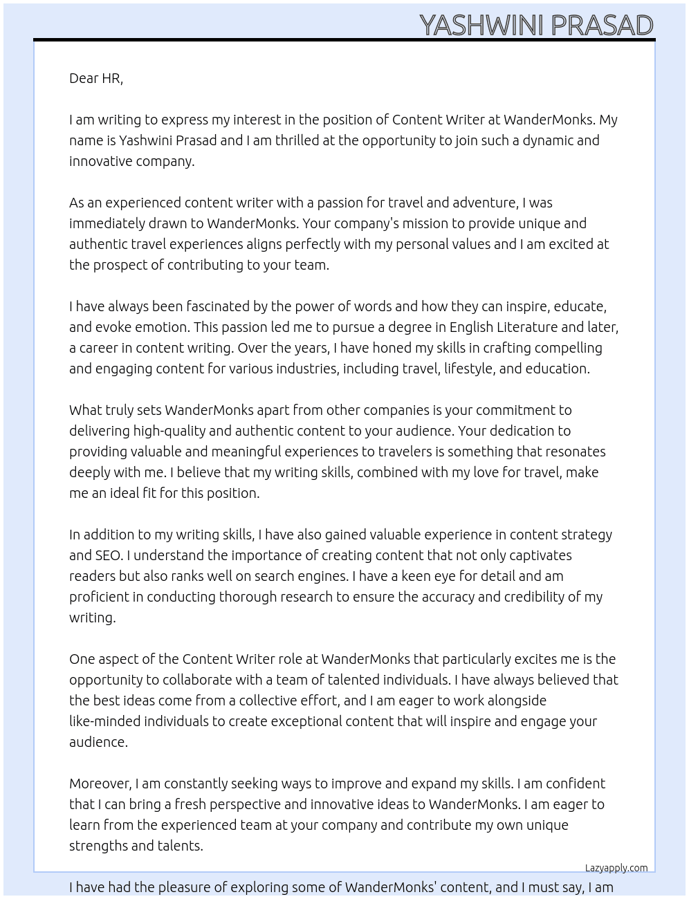 content writer  At WanderMonks  Cover Letter