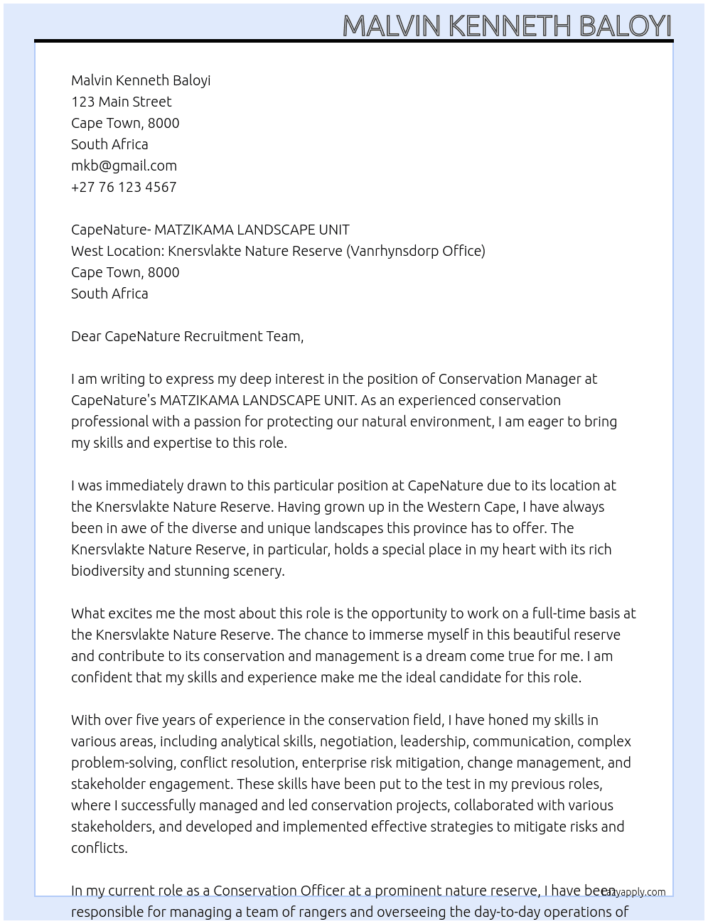 Cover letter for conservation manager on reserve - LazyApply