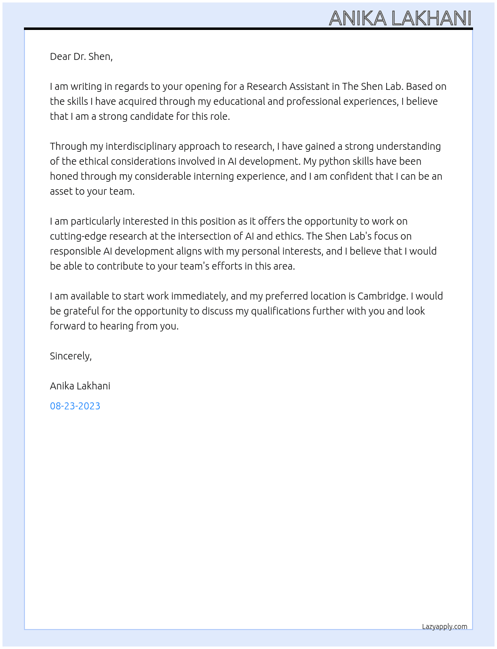 Research Assistant At The Shen Lab Cover Letter