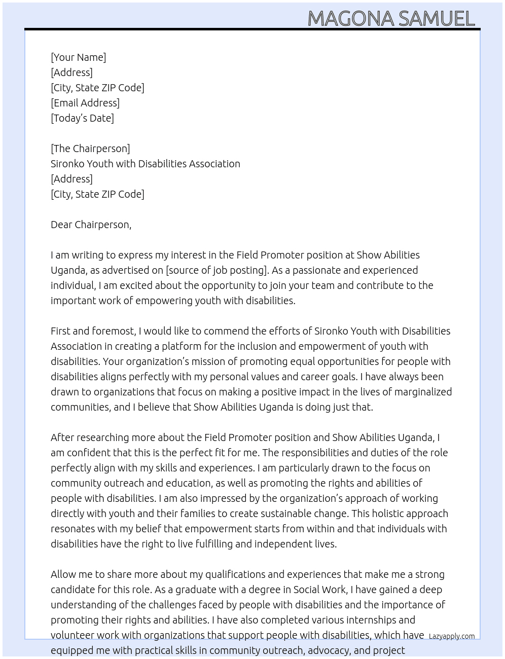 Field promoter  At Show abilities Uganda  Cover Letter