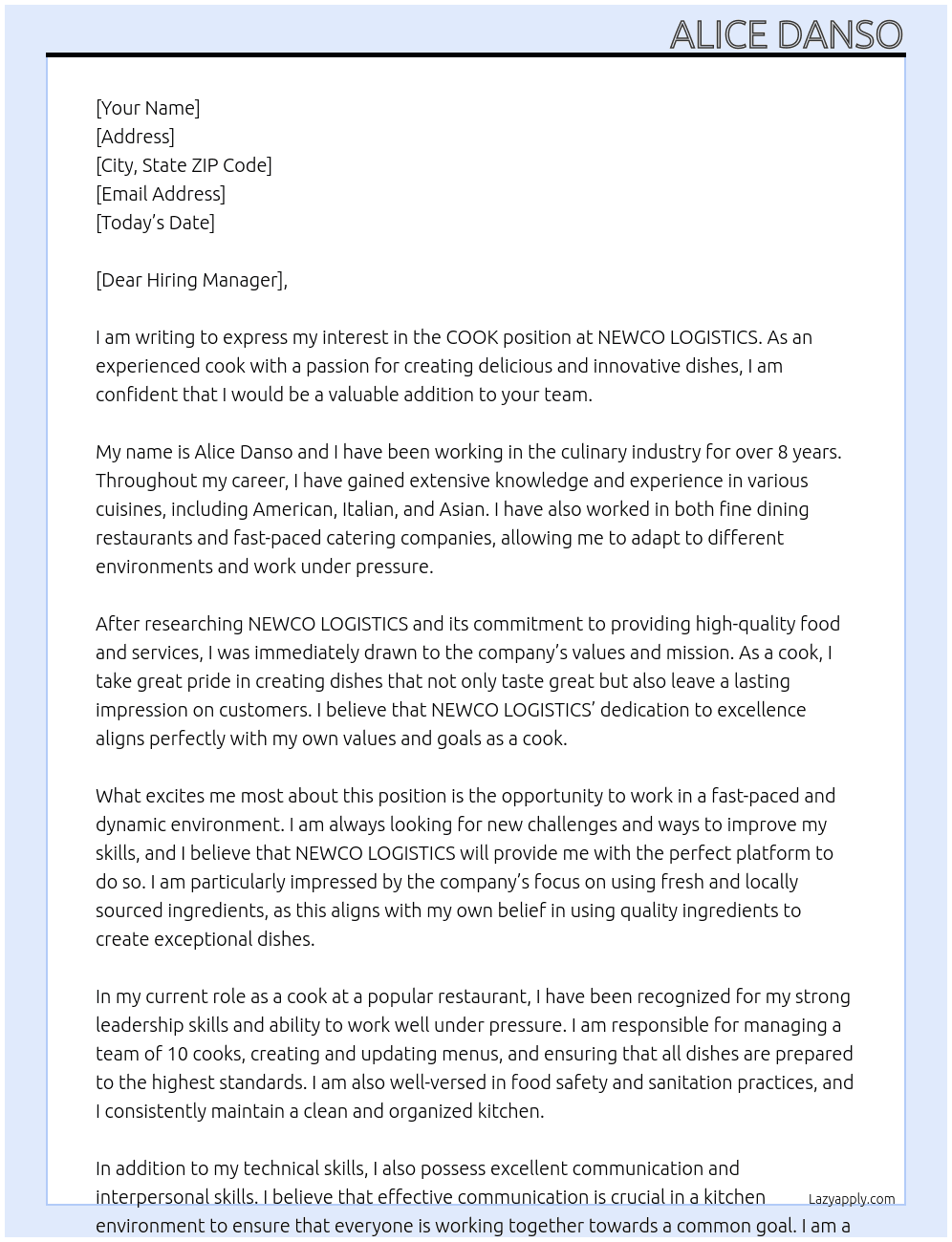 COOK At NEWCO LOGITICS Cover Letter
