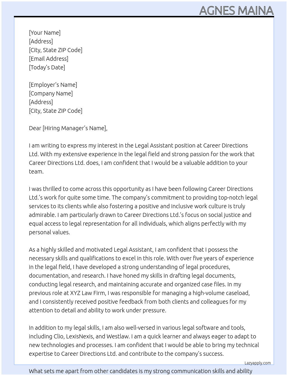 legal Assistant At Career Directions Ltd Cover Letter