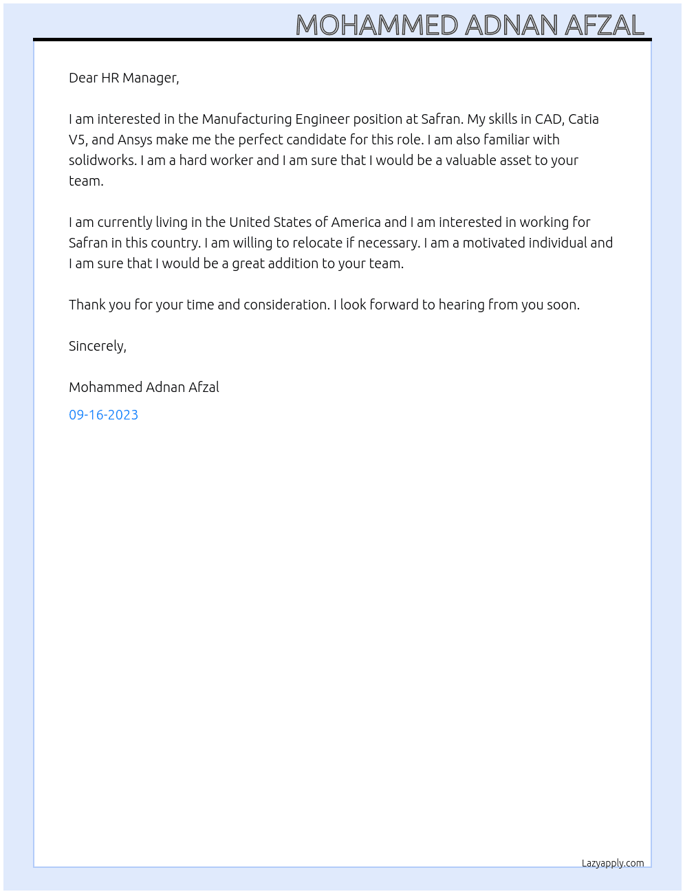 Manufacturing Engineer  At Safran Cover Letter
