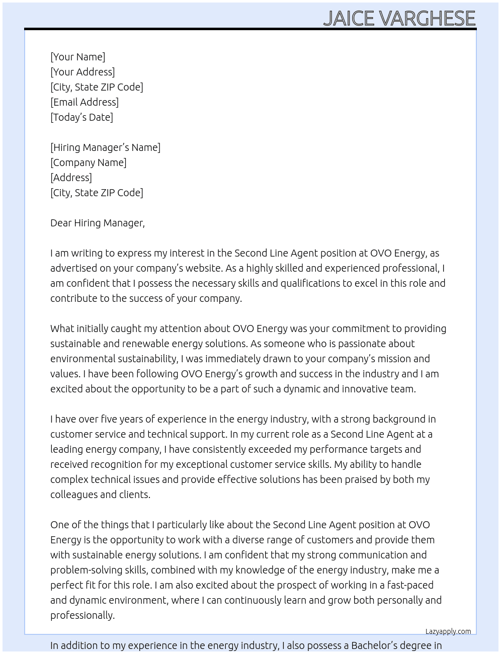 SECOND LINE AGENT At OVO ENERGY Cover Letter