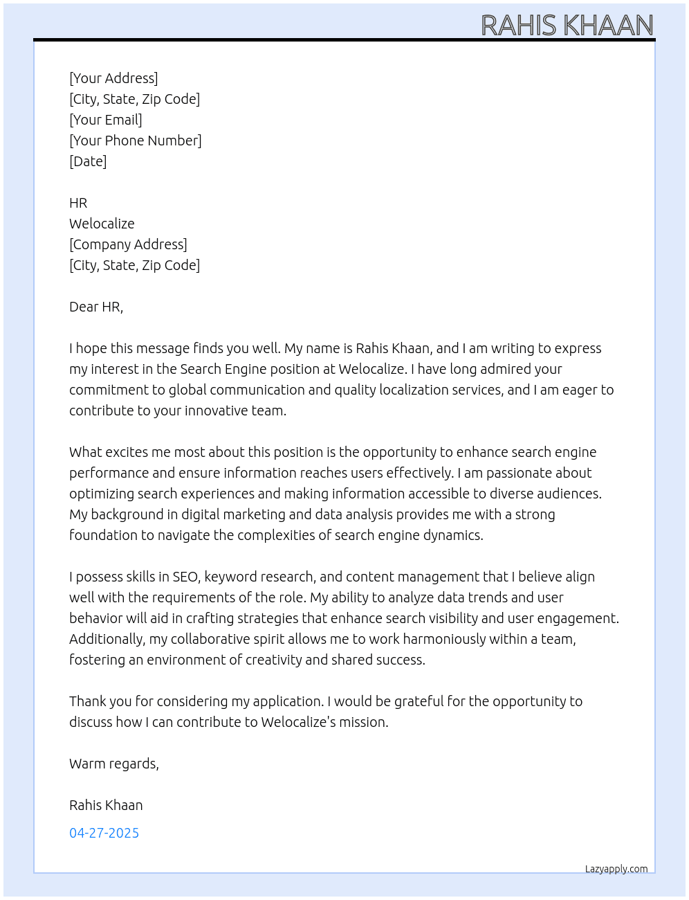 Search engine At Welocalize Cover Letter