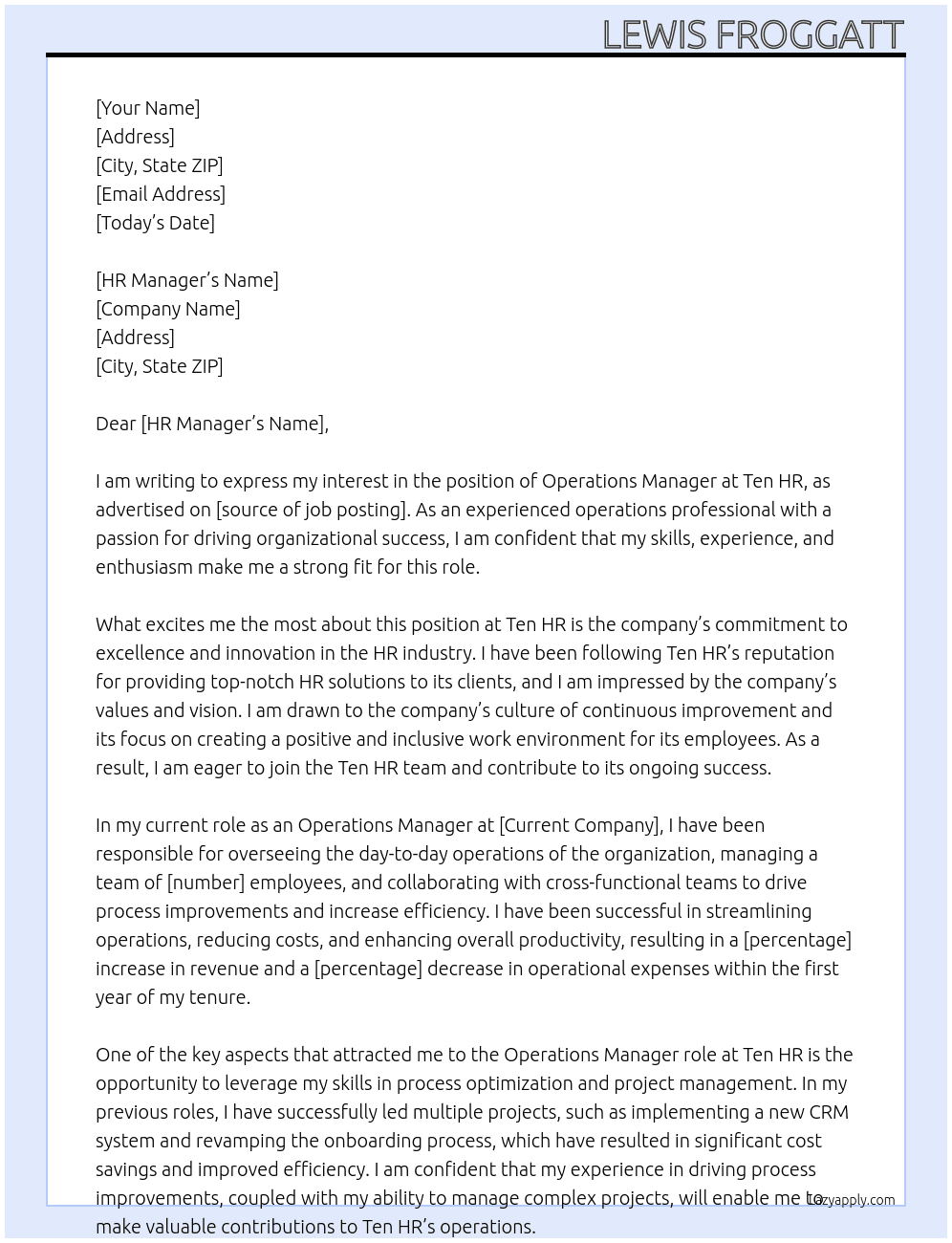 Operations Manager At Ten HR Cover Letter