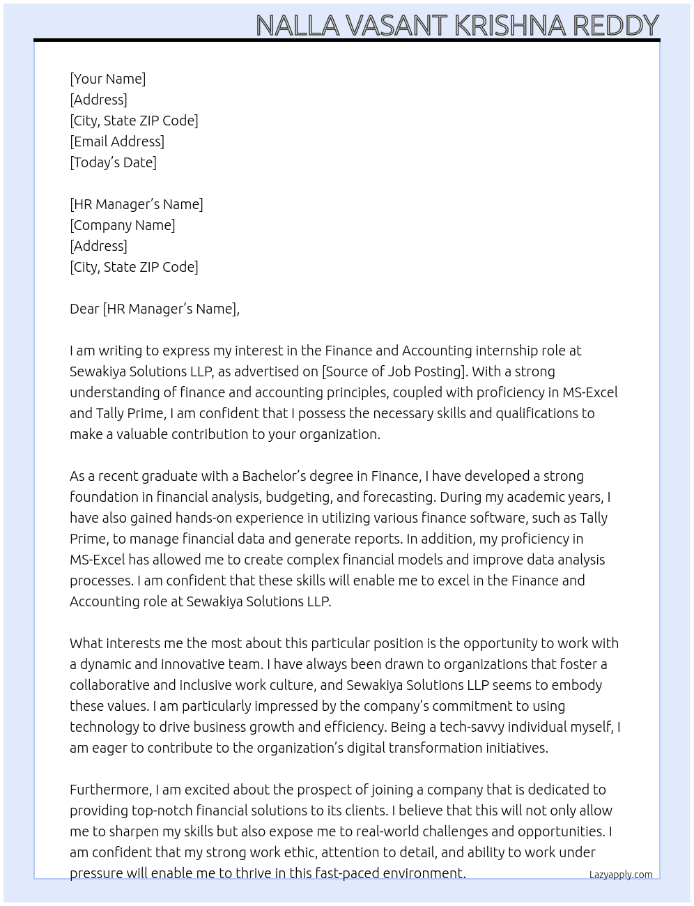 Finance and Accounting At Sewakiya Solutions LLP Cover Letter