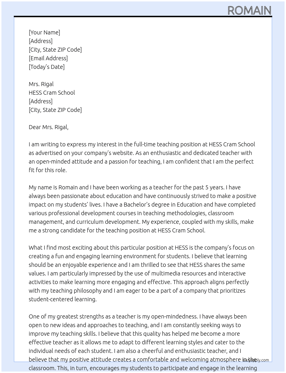 teacher  At HESS Cram School Cover Letter