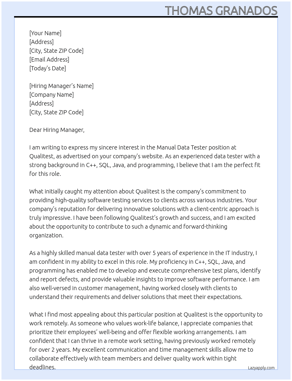Manual Data Tester At Qualitest Cover Letter