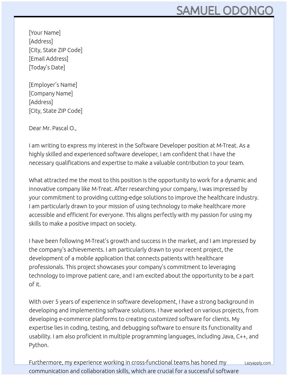 Software Developer At M-Treat Cover Letter