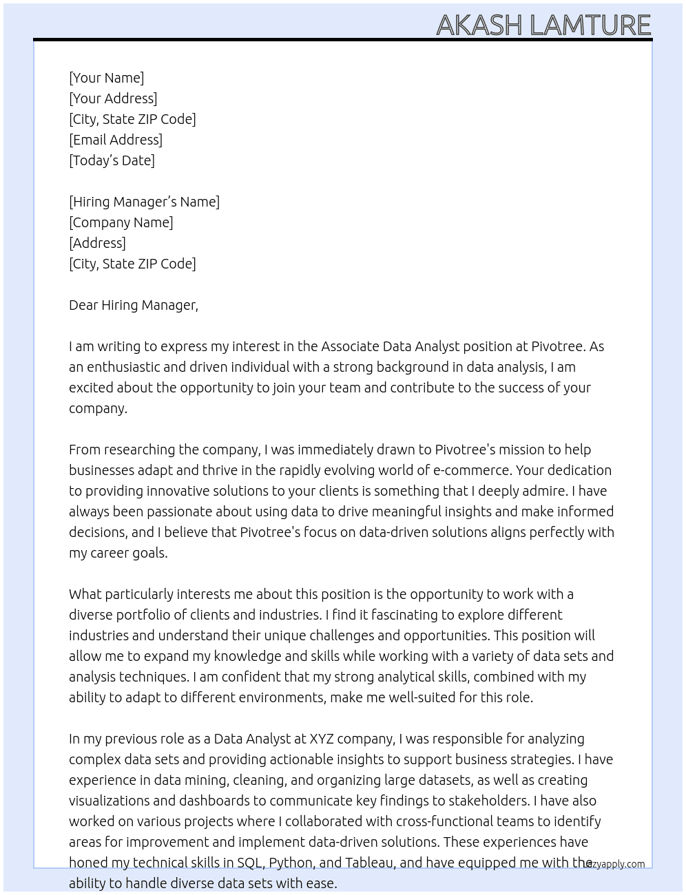 Associate Data Analyst  At Pivotree Cover Letter