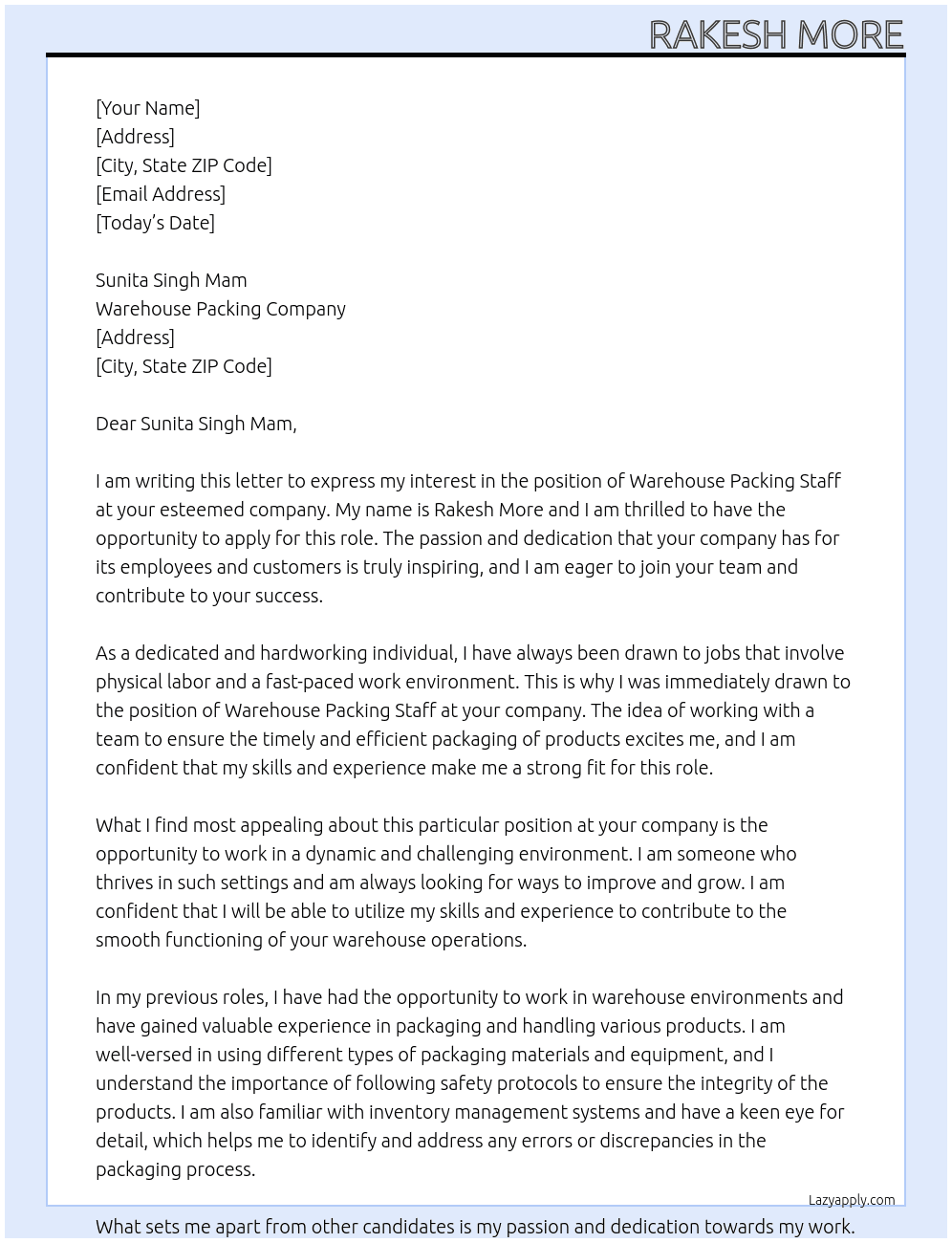 Ware house Packing staffs At warehouse packing company  Cover Letter