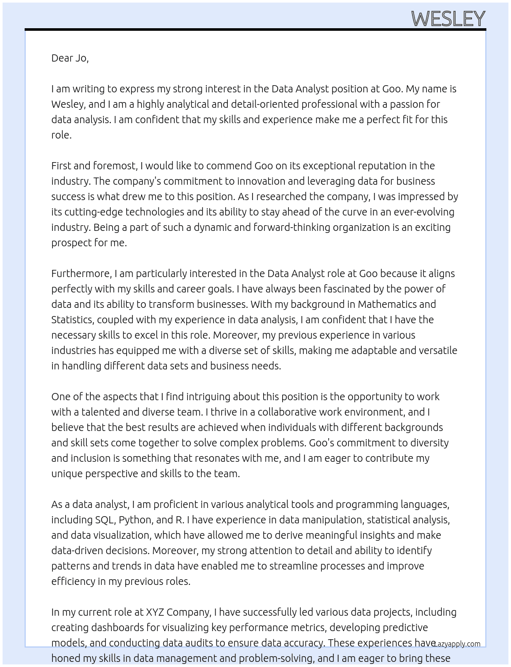 data analyst At goo Cover Letter