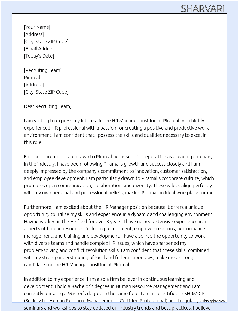 HR Manager At Piramal Cover Letter