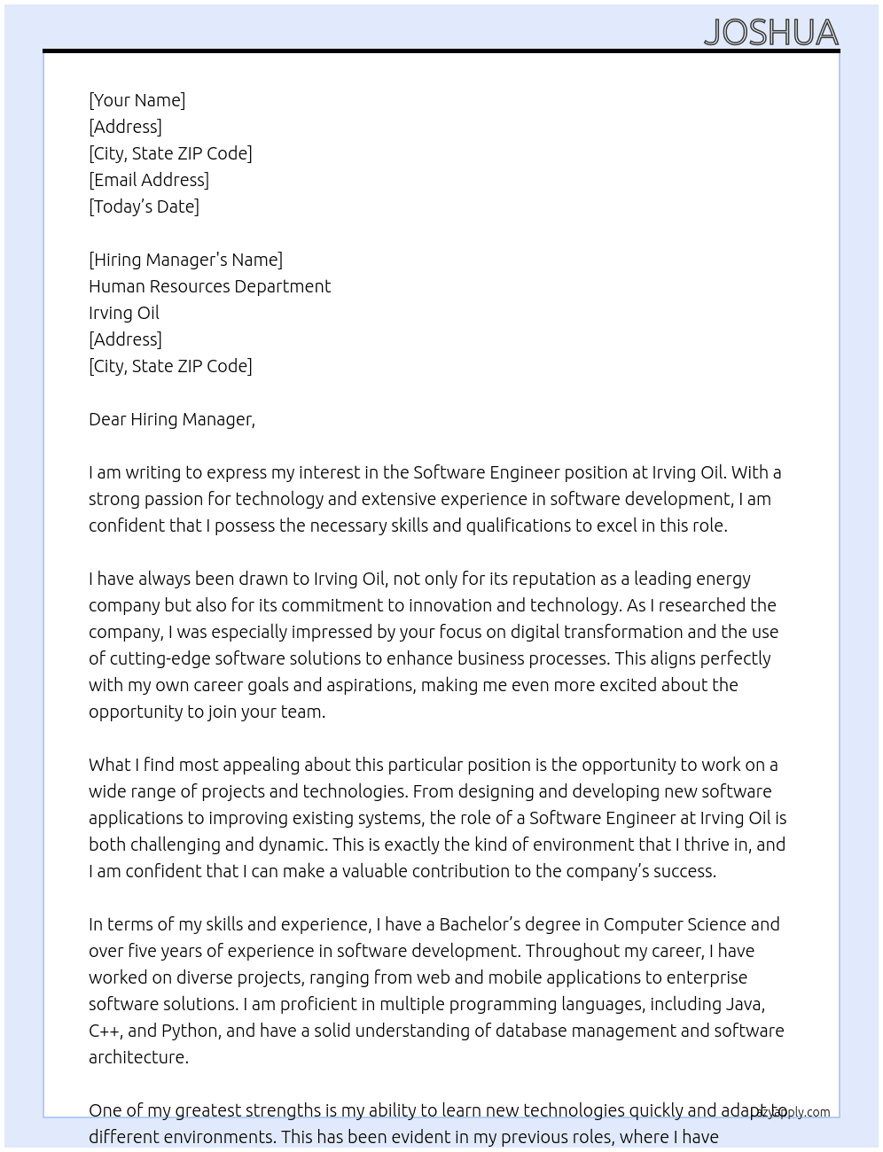Software Engineer At Irving Oil Cover Letter