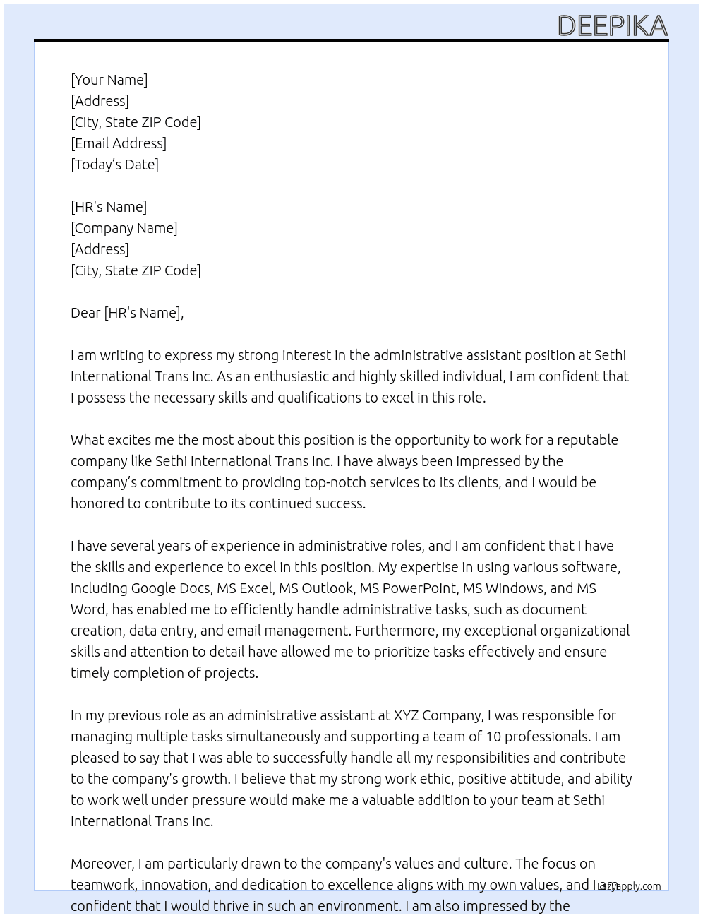 administrative assistant At sethi international Trans Inc Cover Letter