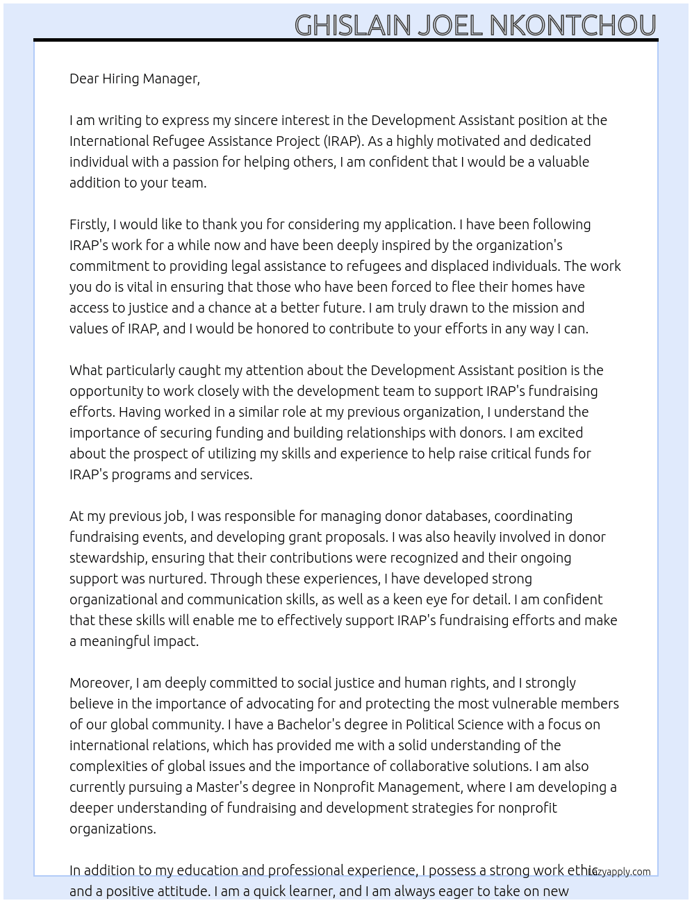 Development Assistant At International Refugee Assistance Project Cover Letter